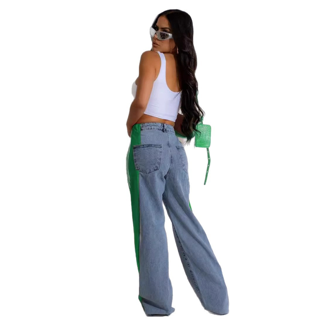 Women's Striped Wide Leg Denim Trousers Casual Jeans