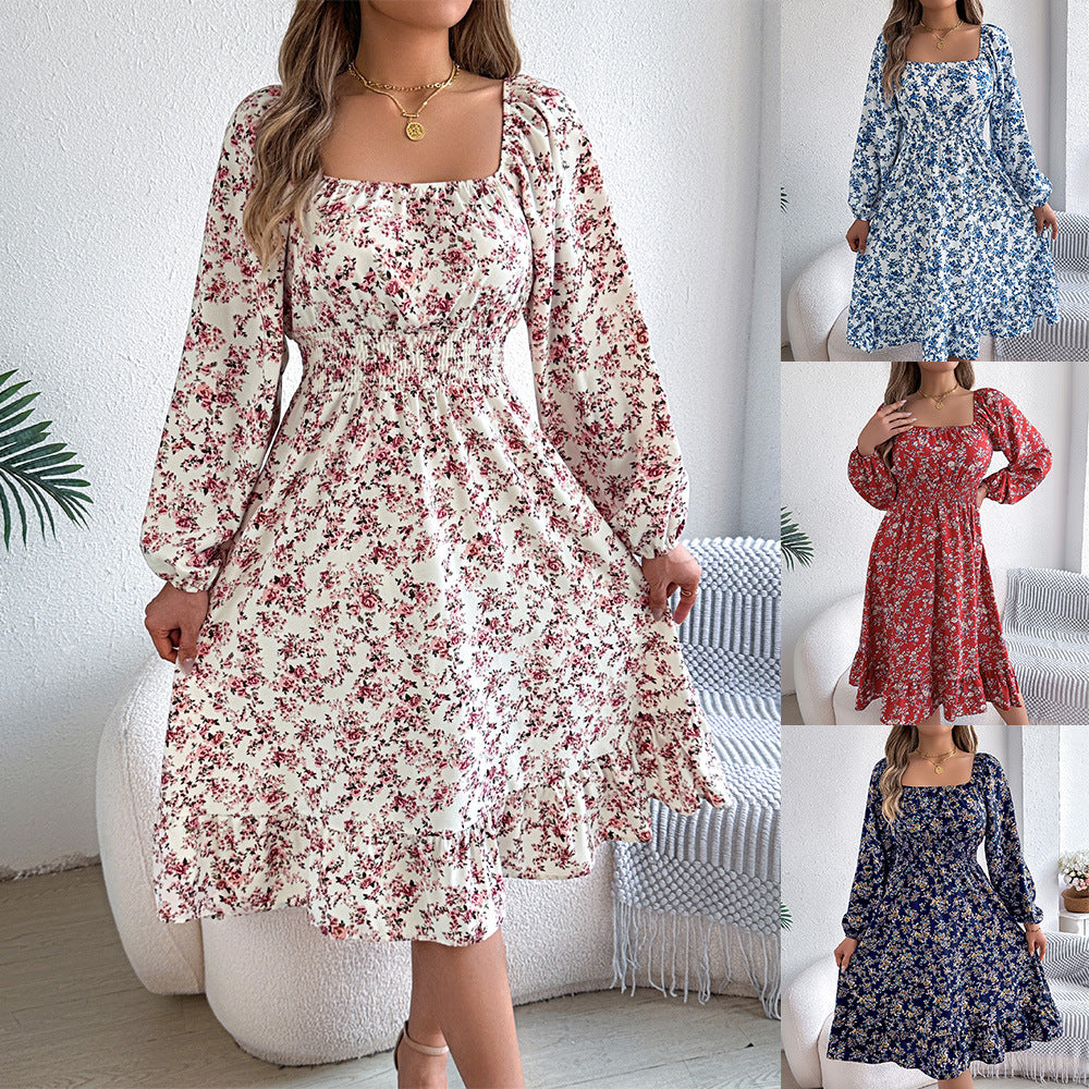 Women's Elegant Floral Square Collar Long Sleeve Waist Trimming Ruffles Clothing