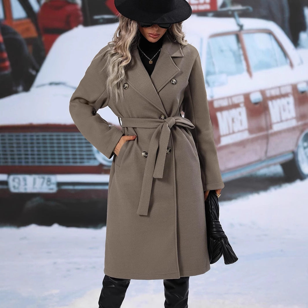 Polo Collar Thick Woolen Lace Up Coats
