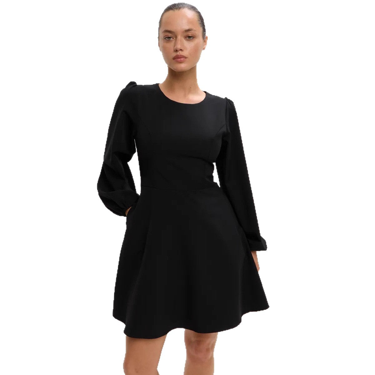 Women's Autumn Round Neck Large Swing Pocket A- Line Bubble Dress