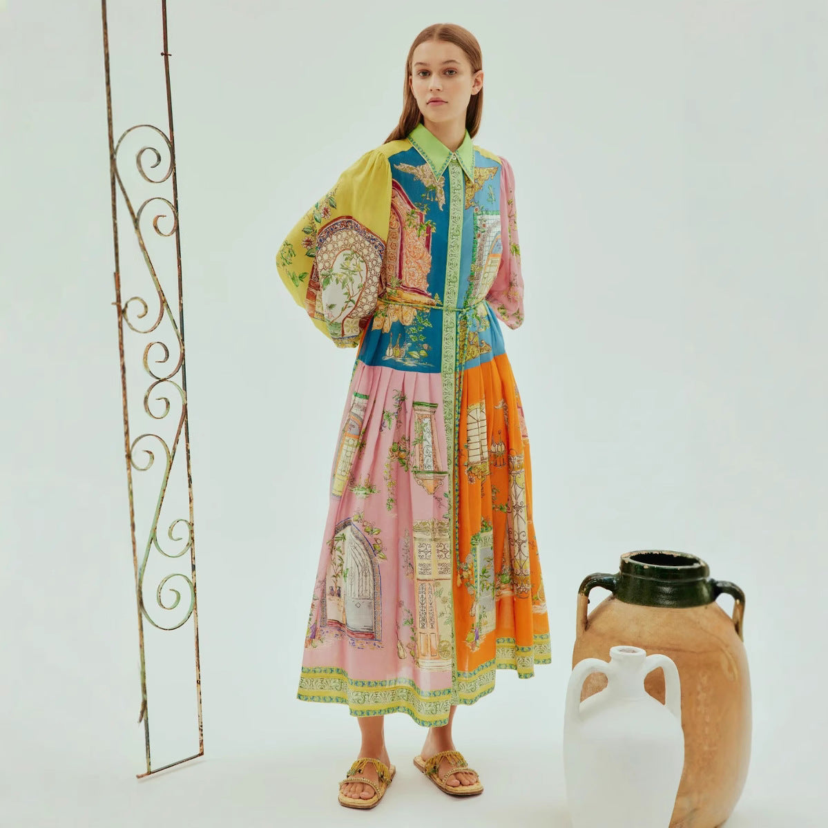 Single-breasted Long Lantern Sleeve Iti Printing Dress