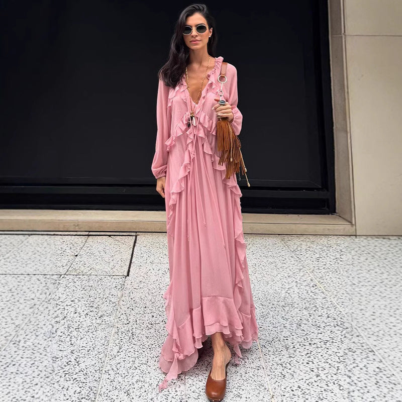 Women's Fresh Sweet Style Laminated Ruffled Long Dresses