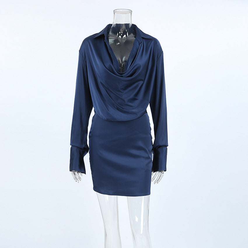 Women's Elegant Blue Thin Soft Matte Satin Dresses