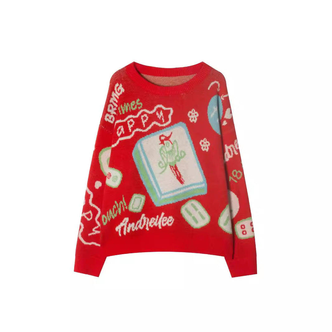 Women's Pullover Mahjong Pattern Christmas Style Festive Long Women's Sweater