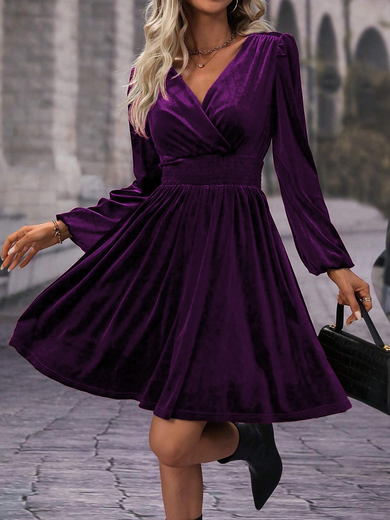 Versatile Veet Solid Color Long Sleeve Dress