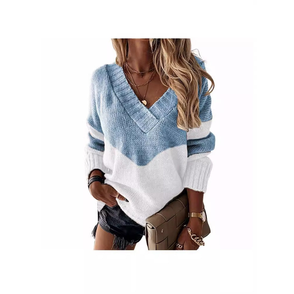 Collar Pullover Color Matching Striped Leopard Tops