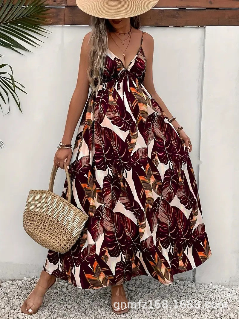 Summer Printed Spaghetti Straps Sleeveless Tropical Printing Dress