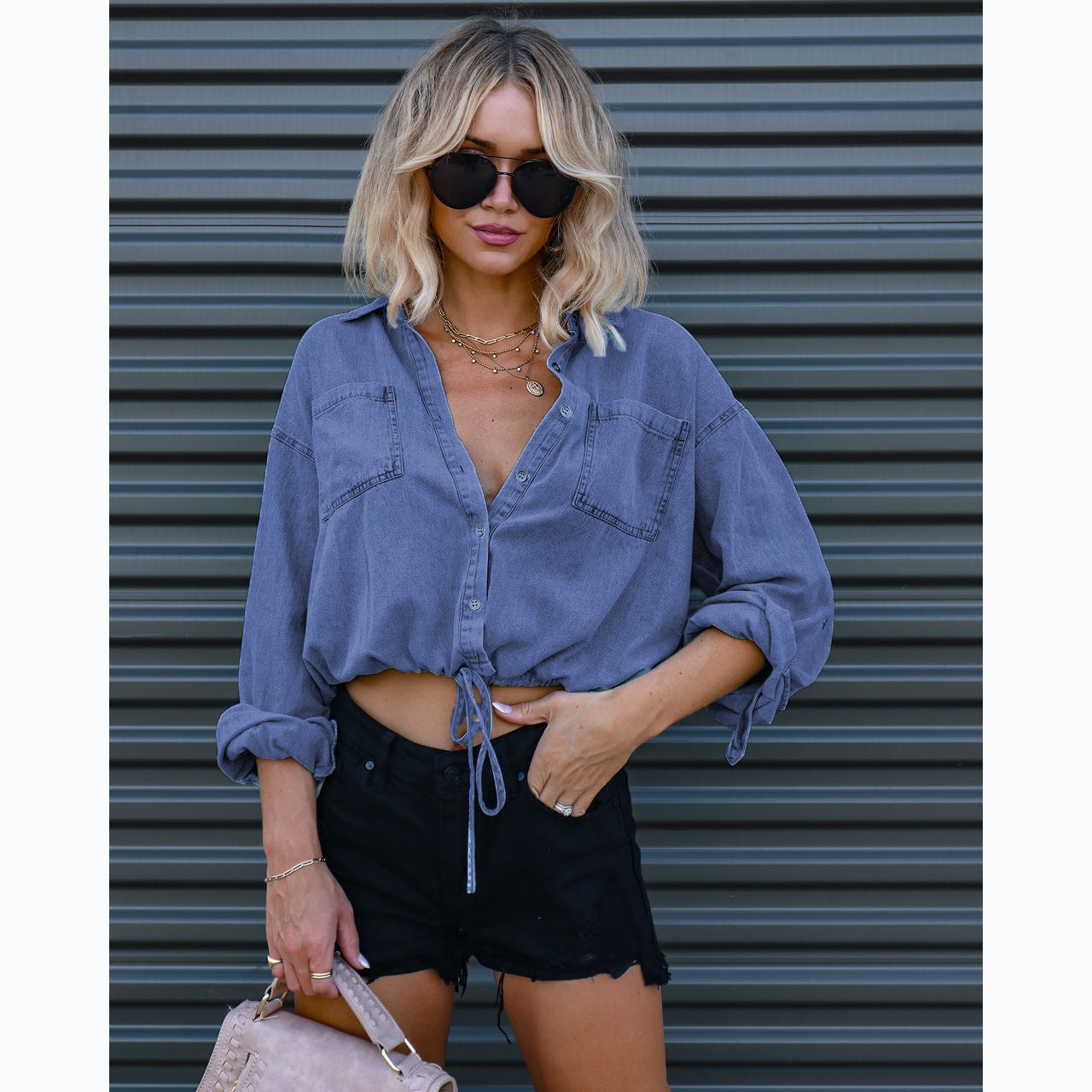 Women's Shirt Fashion Casual Versatile Double Pocket Blouses