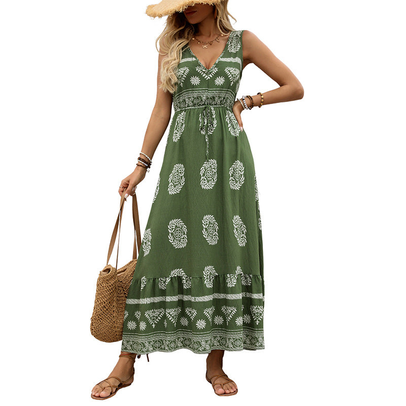 Women's Style Printed Dress Green Ethnic Casual Dresses