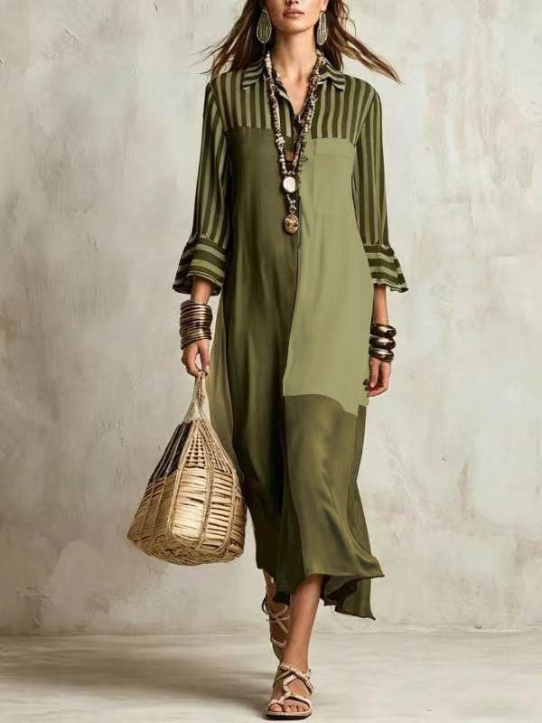 Fashion Elegant Graceful Striped Cropped Sleeve Dress