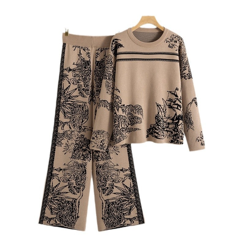 Women's Casual Ink Painting Jacquard Printed Knitted Suits