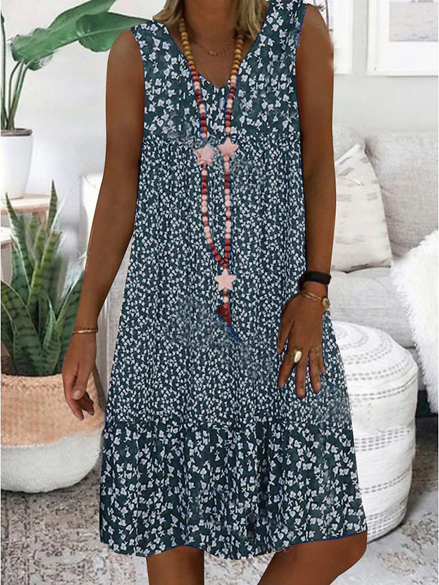 Women's Summer Small Floral Print Sleeveless Ladies Dress