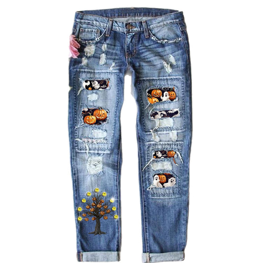 Women's Halloween Fashion Diamond Print Ripped Mid Jeans