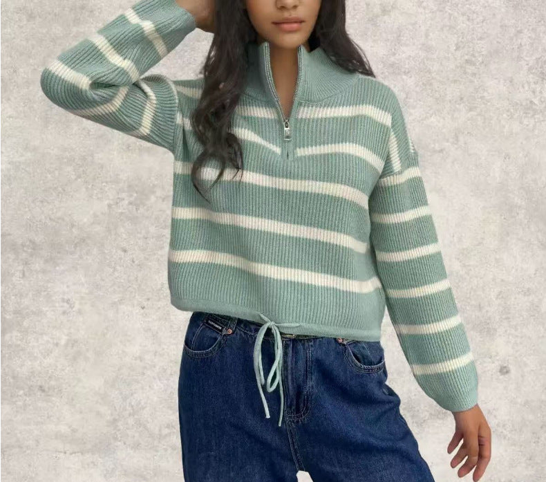 Women's Loose Half Zipper Lapel Striped Outer Wear Shorts