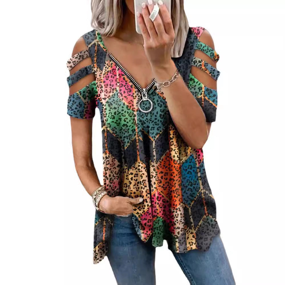 Women's Collar Zipper Pullover Sleeve Loose T-shirt Blouses