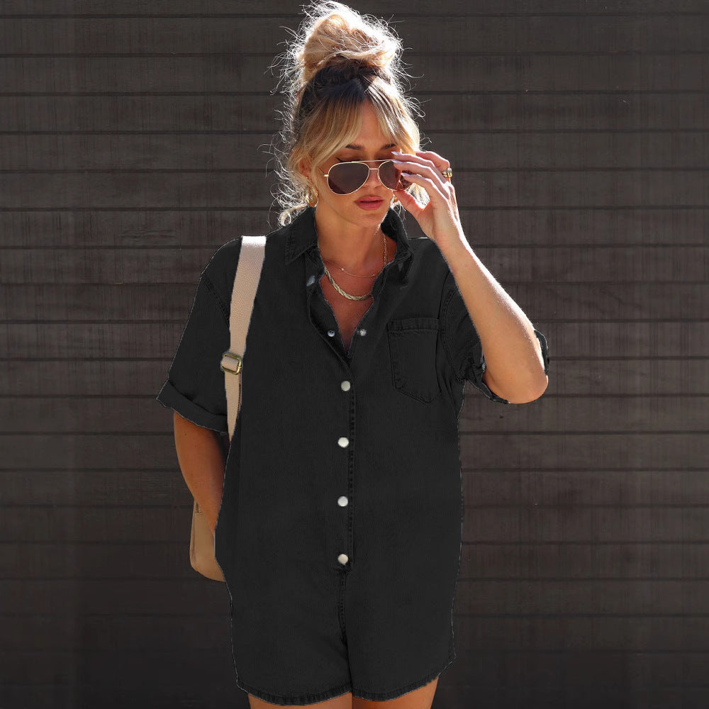 Summer Street Hipster Lapel Sleeve Denim Jumpsuits