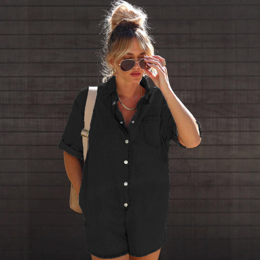 Summer Street Hipster Lapel Sleeve Denim Jumpsuits