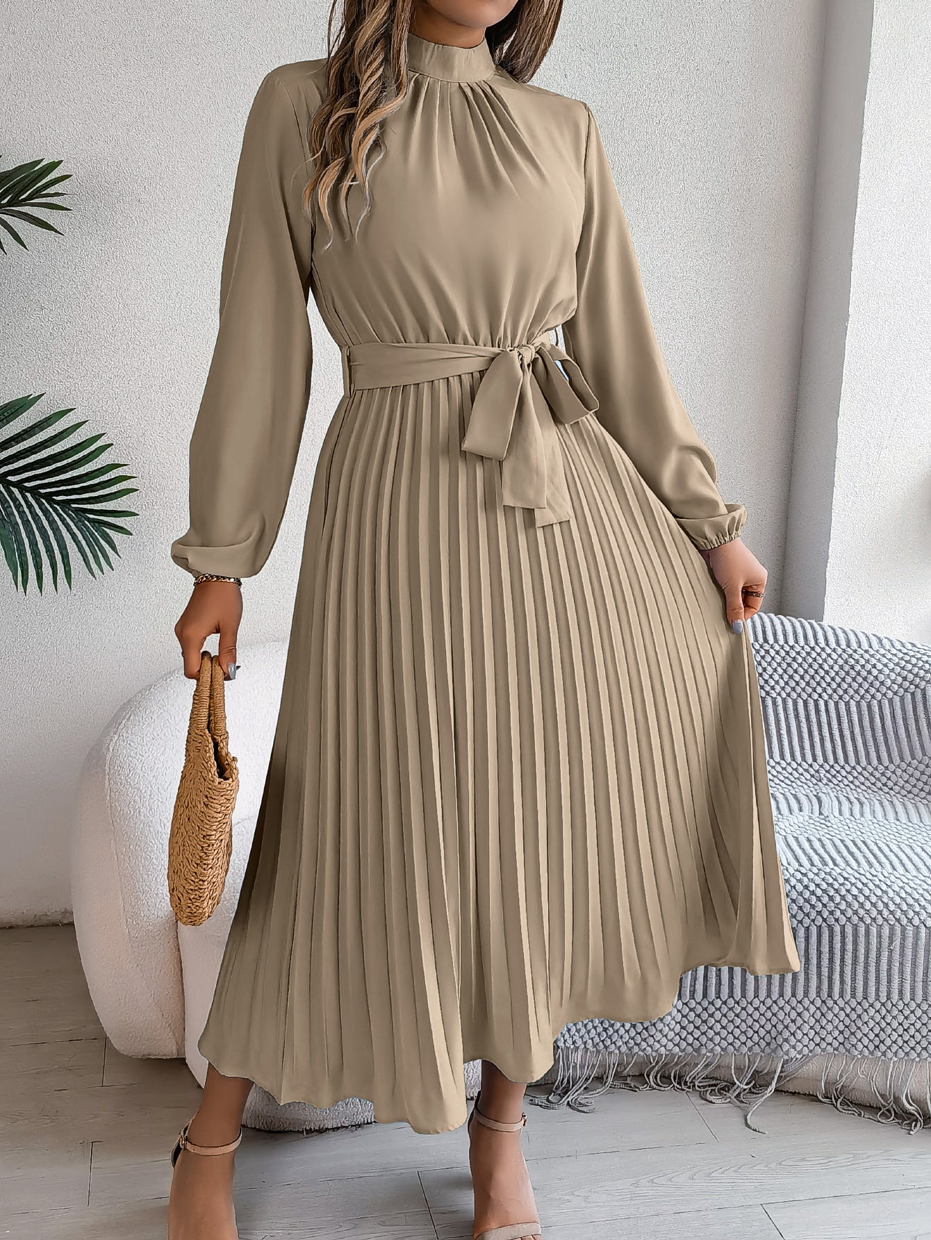 Women's Stand Collar Long Sleeve Cinched Pleated Clothing