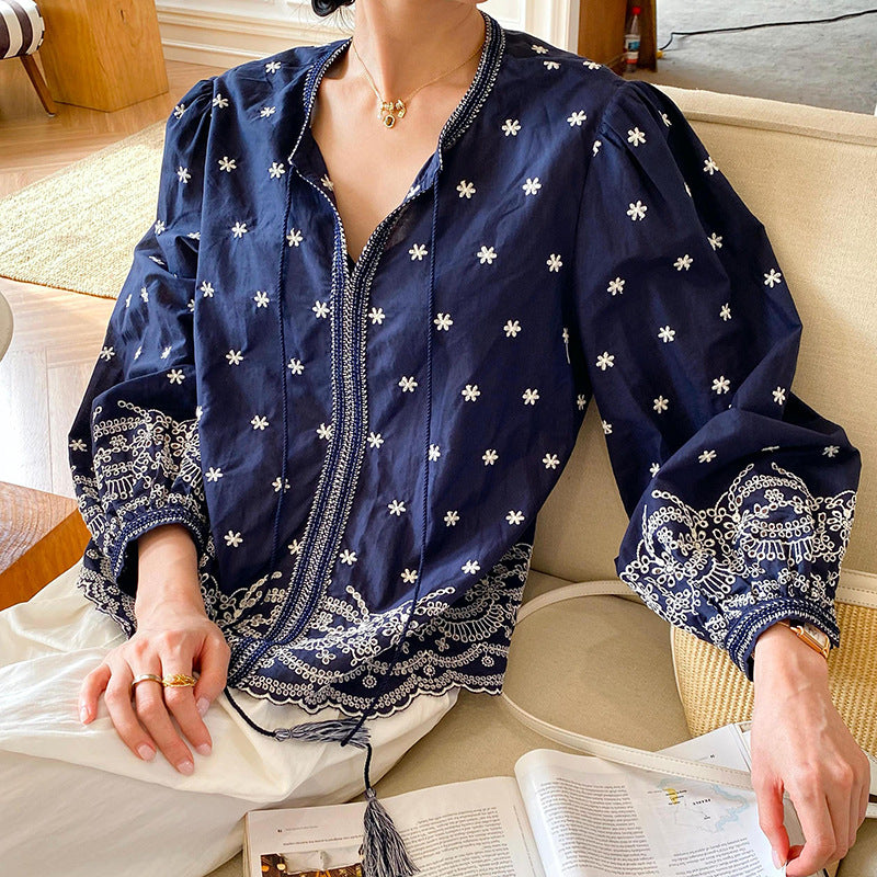 Women's Shirt Long Sleeve French Style Embroidery Tops