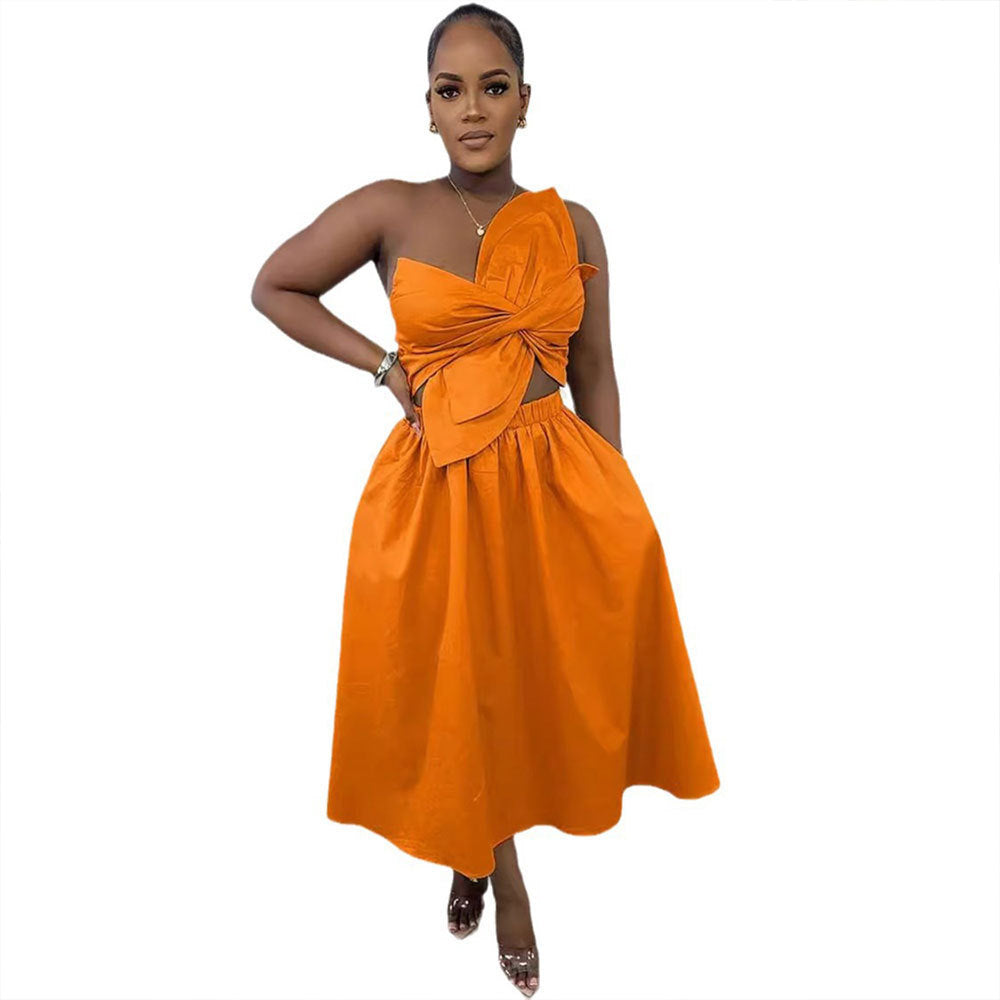 Solid Color Smocking One Shoulder Petal Dresses