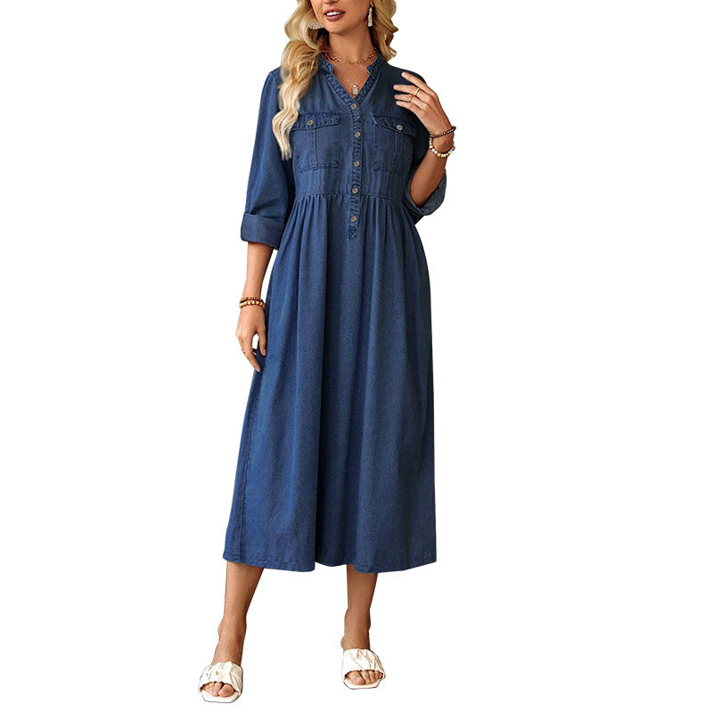 Women's Denim Stand Collar Button Long Sleeve Dresses