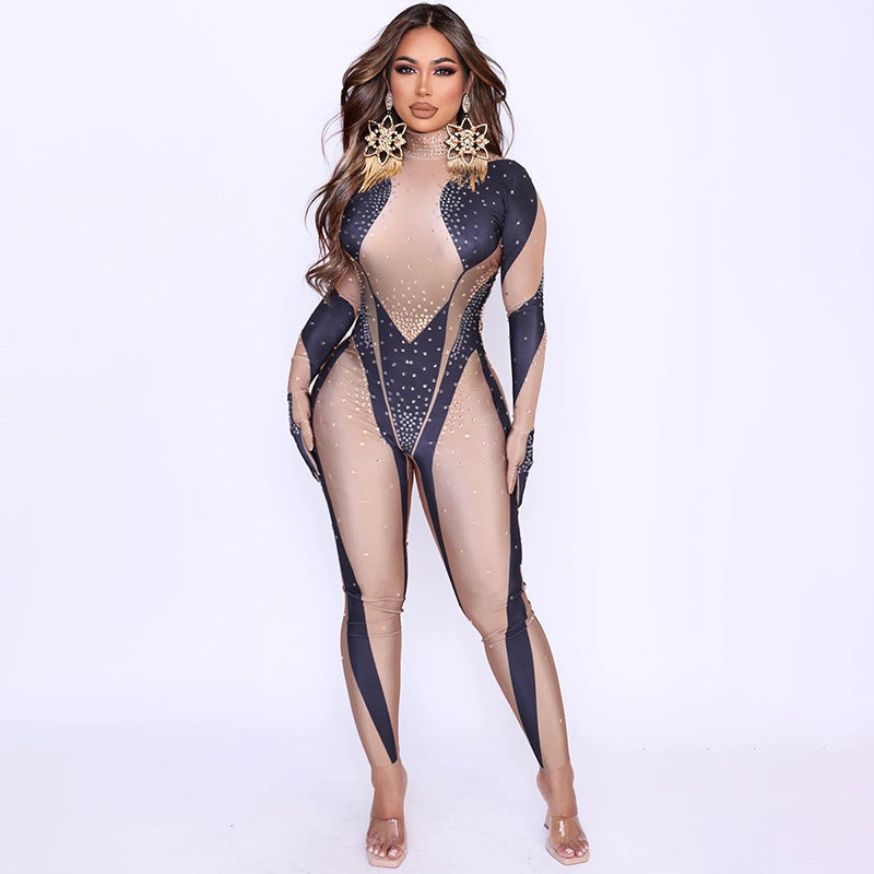 Sexy Full Diamond Long-sleeved One-piece Trousers Jumpsuits