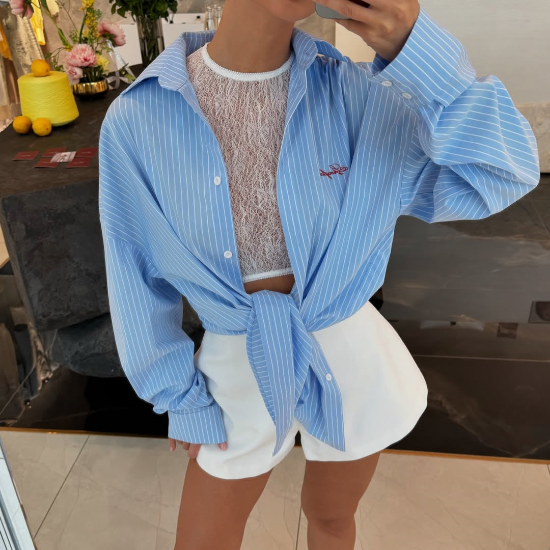 Women's Fashion Polo Collar Blue Striped Shirt Suits