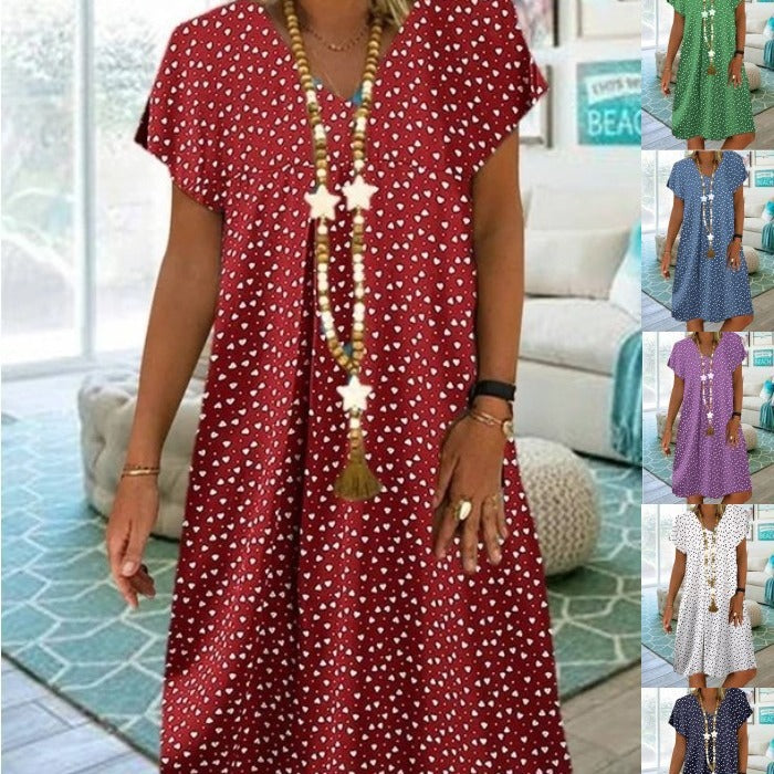 Women's Casual Short-sleeved Polka Dot Heart Shape Printed Dress