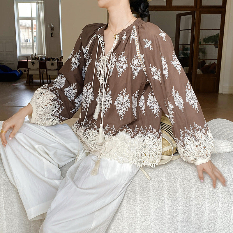 Women's Autumn French Embroidery Hollow Shirt Long Blouses