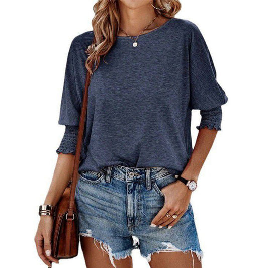 Women's Summer Stylish Loose Round Neck Cuff Smocking Blouses