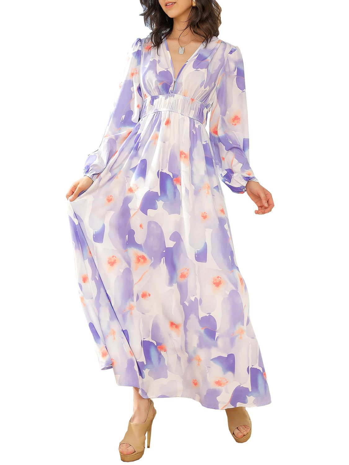 Women's Style Deep V Printed High Waist Casual Long Dresses