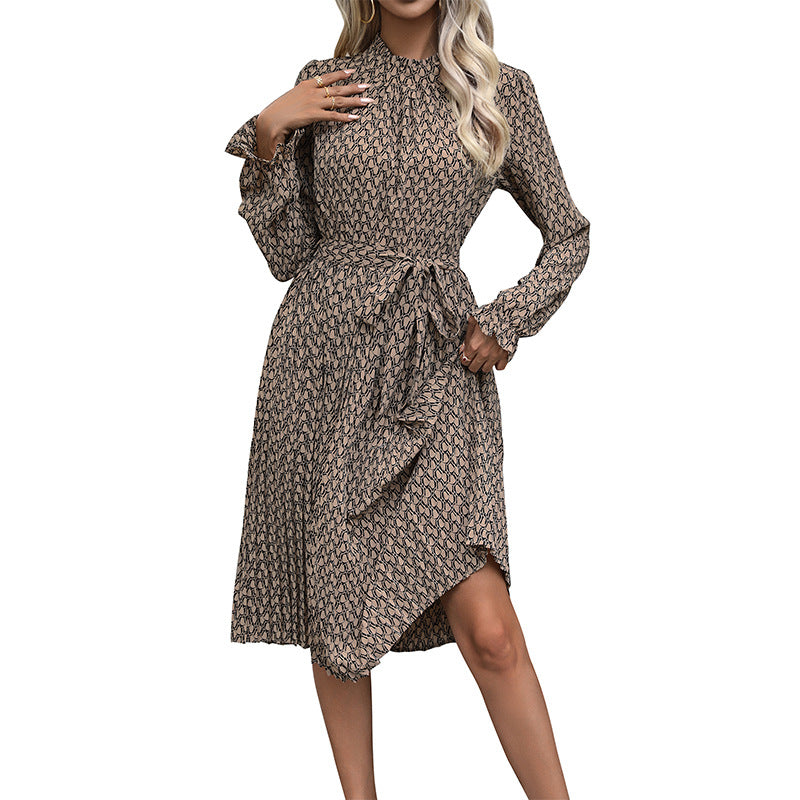 Commuter Date Ruffled Geometric Printed Long-sleeved Dresses