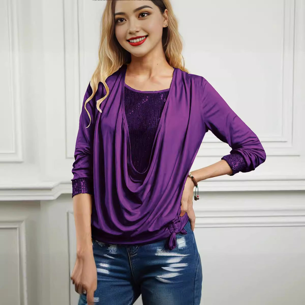 Women's Contrast Solid Color Long-sleeved Large Drop Blouses