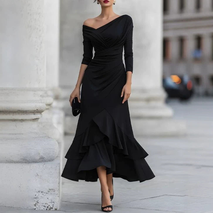 Women's Autumn Crimp Ruffled Long Sleeve Elegant Slim Dress