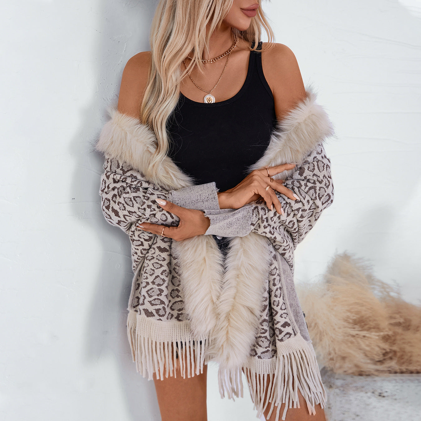 Women's Leopard Print Fur Collar Shawl Knitted Loose Batwing Sleeve Sweater