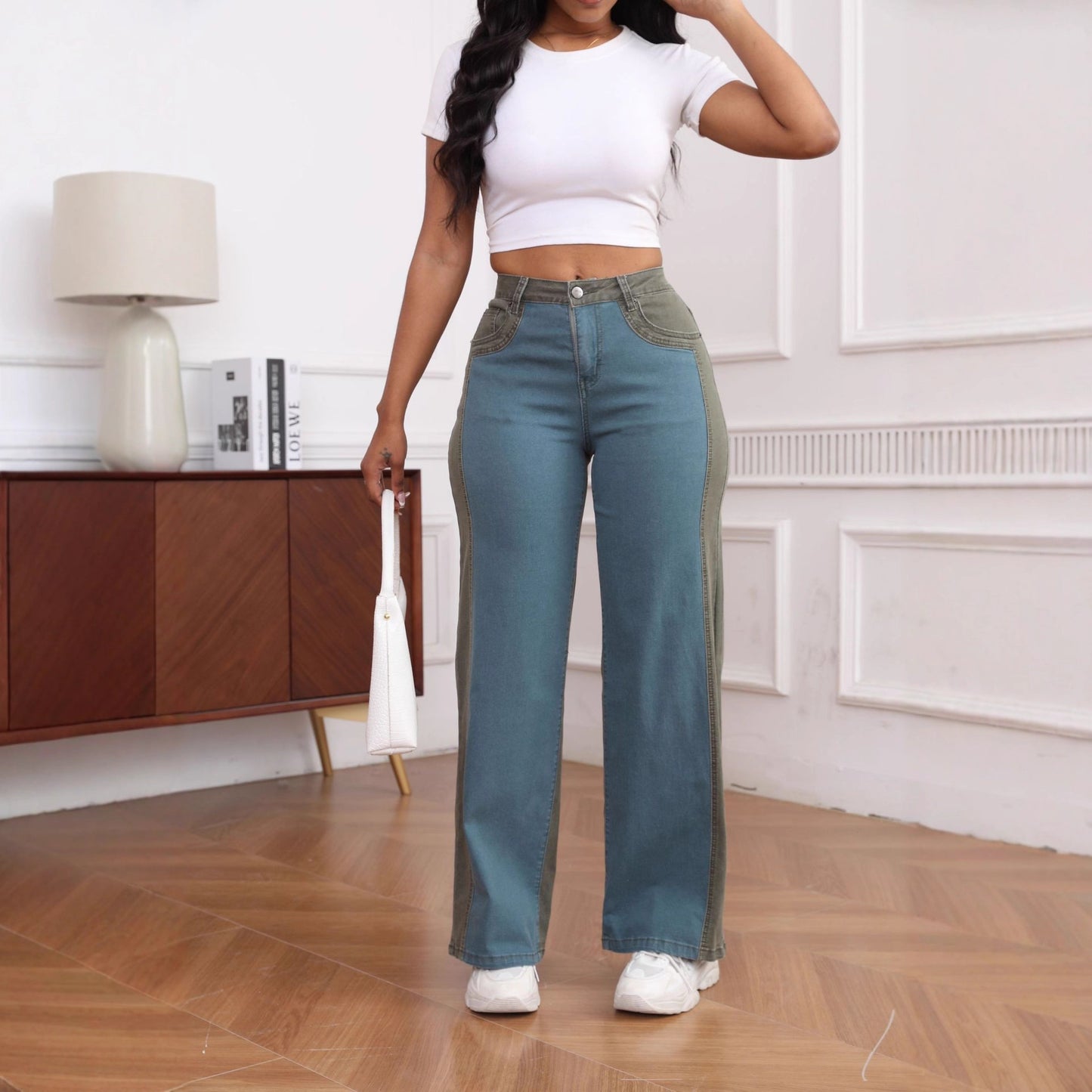 Stretch Contrast Color Washed Smart Trousers Jeans