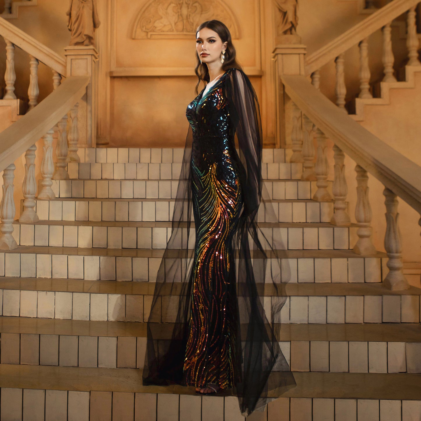 Women's High-grade Long-sleeved Waist Sequin Gauze Banquet Dresses