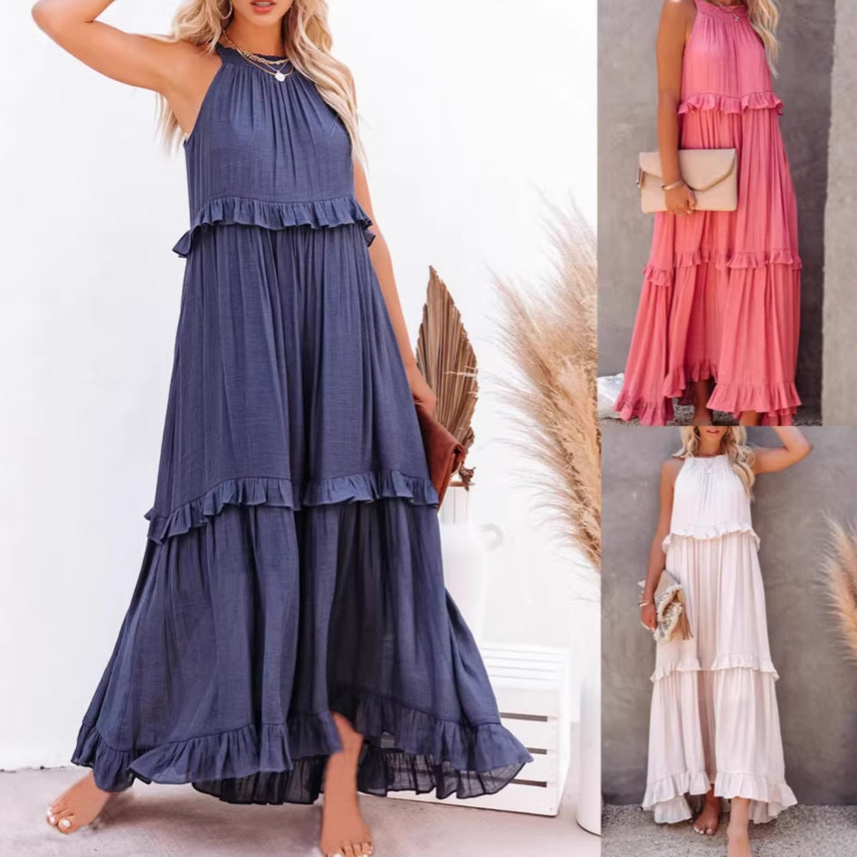 Women's Halter Elegant Ruffled Holiday Long Casual Dress