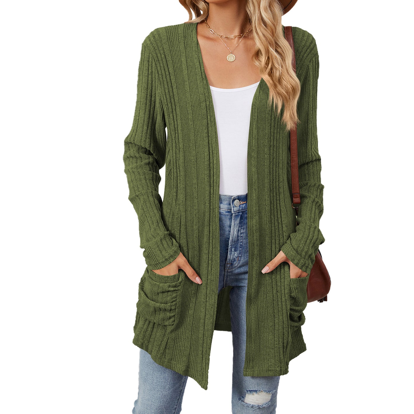 Women's Color Rib Fabric Brushed Pocket Long Cardigans