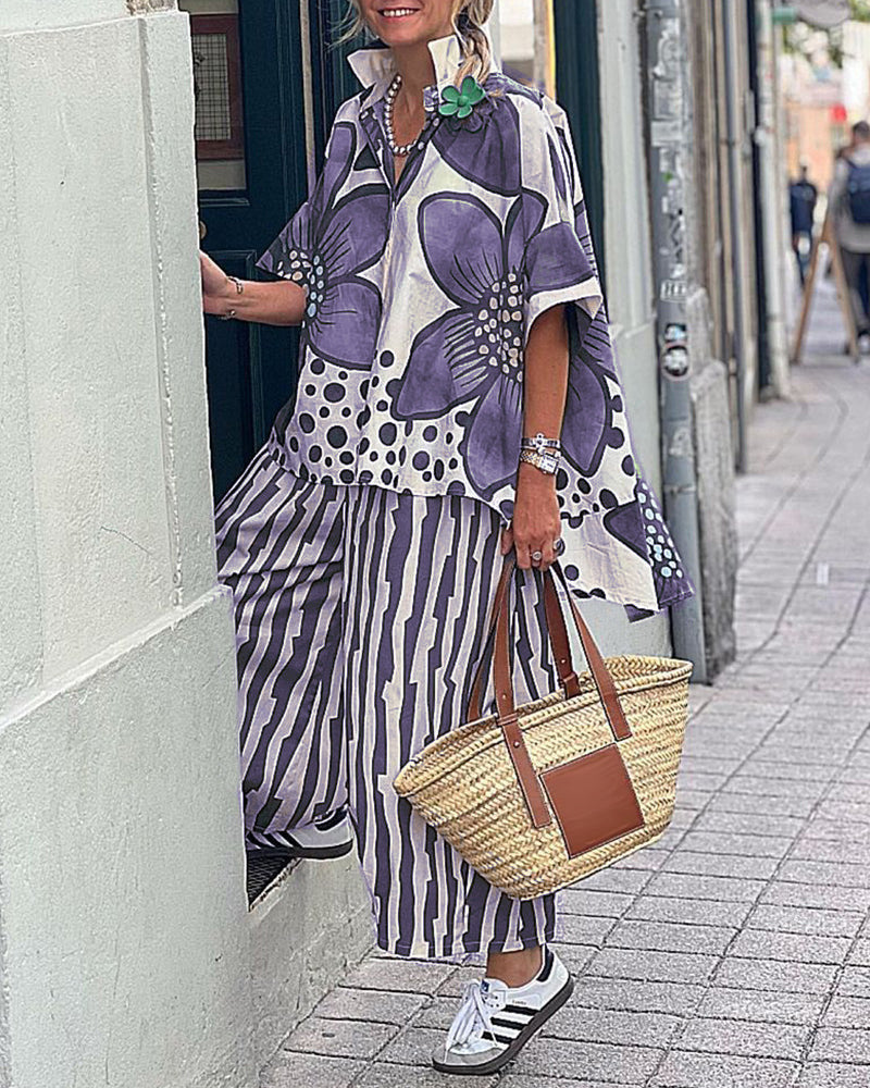 Women's Summer Lapel Loose Flower Print Set Fashion Casual Suit