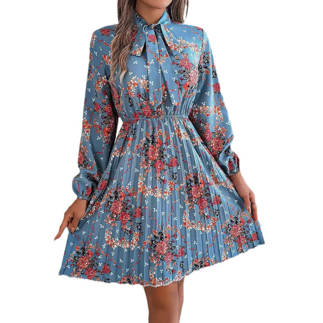 Women's Elegant Flowers Long Sleeves Pleated Clothing