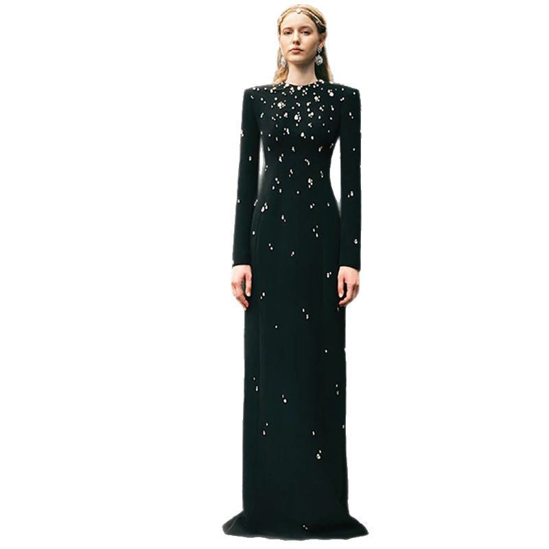 Elegant Beads Rhinestones Long Sleeve Formal Dress