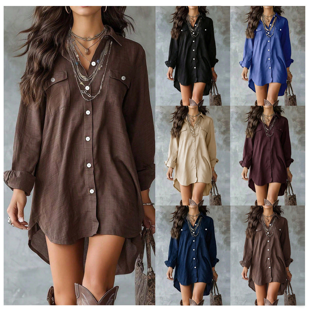 Cotton Linen Long Sleeve Button Shirt Slimming Slit Casual Dress