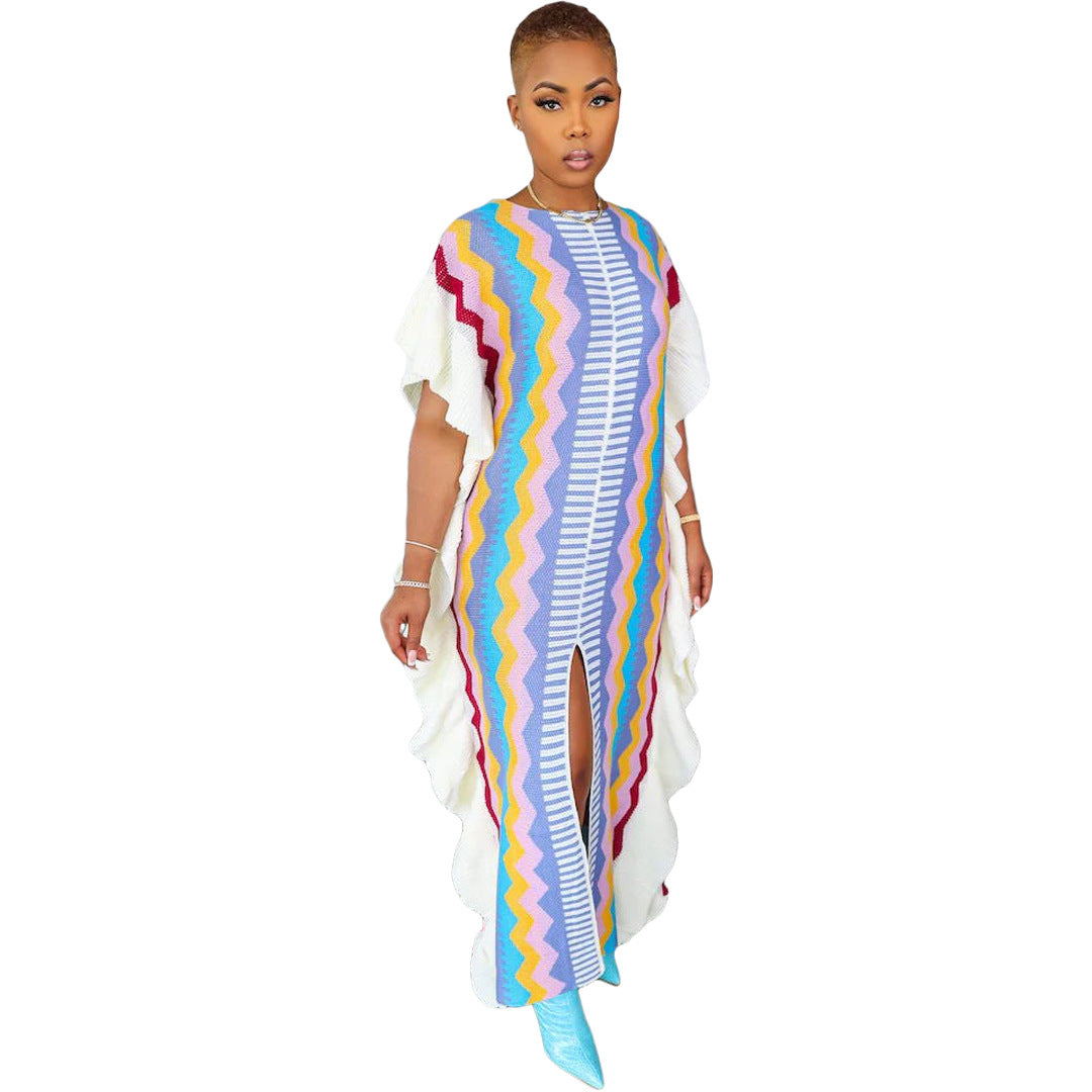 Women's Ruffled Knitted Striped Slit Long Dresses