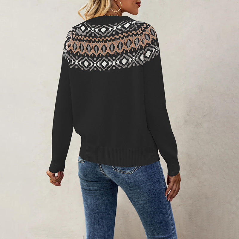 Jacquard Vintage Large Round Neck Pullover Sweaters