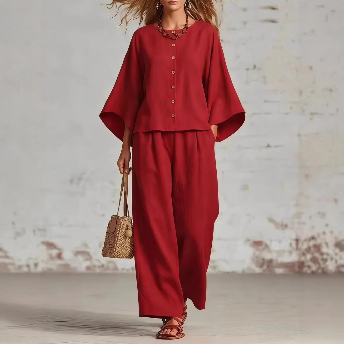 Popular Women's Cotton Linen Wide Leg Fashion Casual Suit