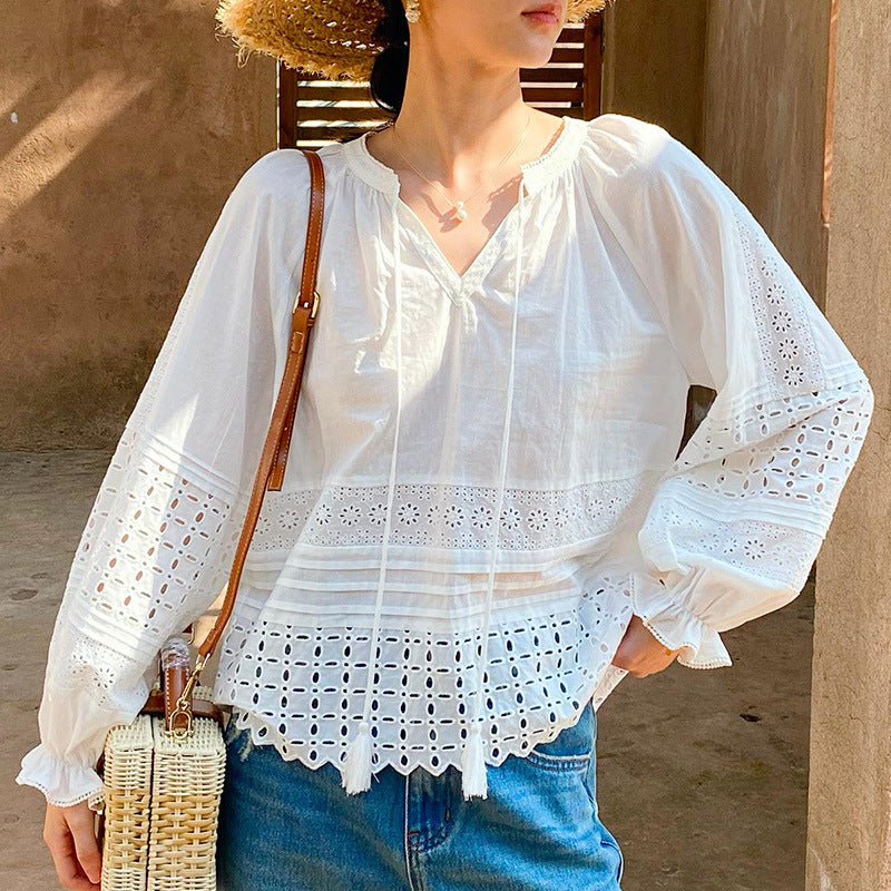 Women's Holiday French Style Shirt Design Long Sleeve White Blouses