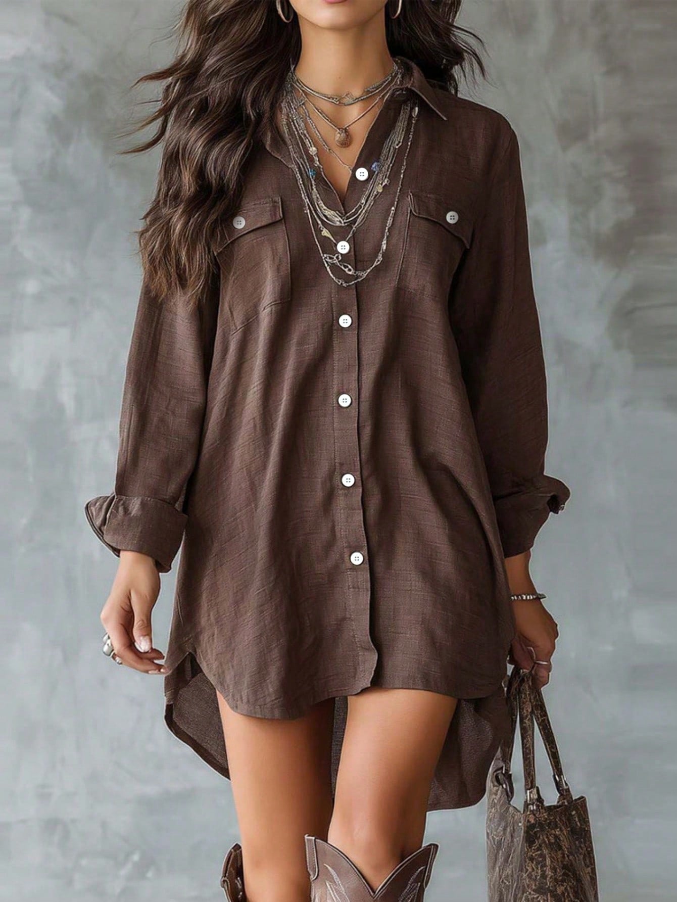 Cotton Linen Long Sleeve Button Shirt Slimming Slit Casual Dress