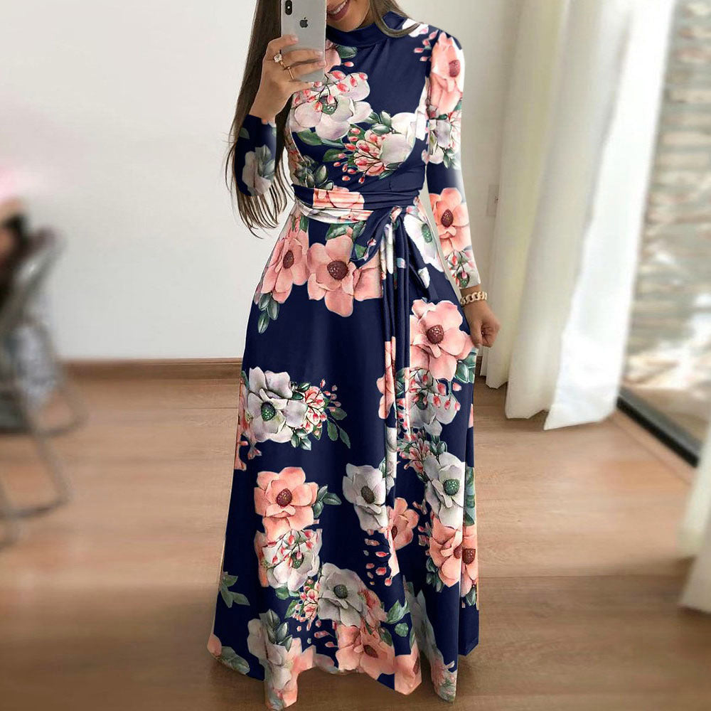 Women's Autumn Flower Print Sleeve Large Swing Dress