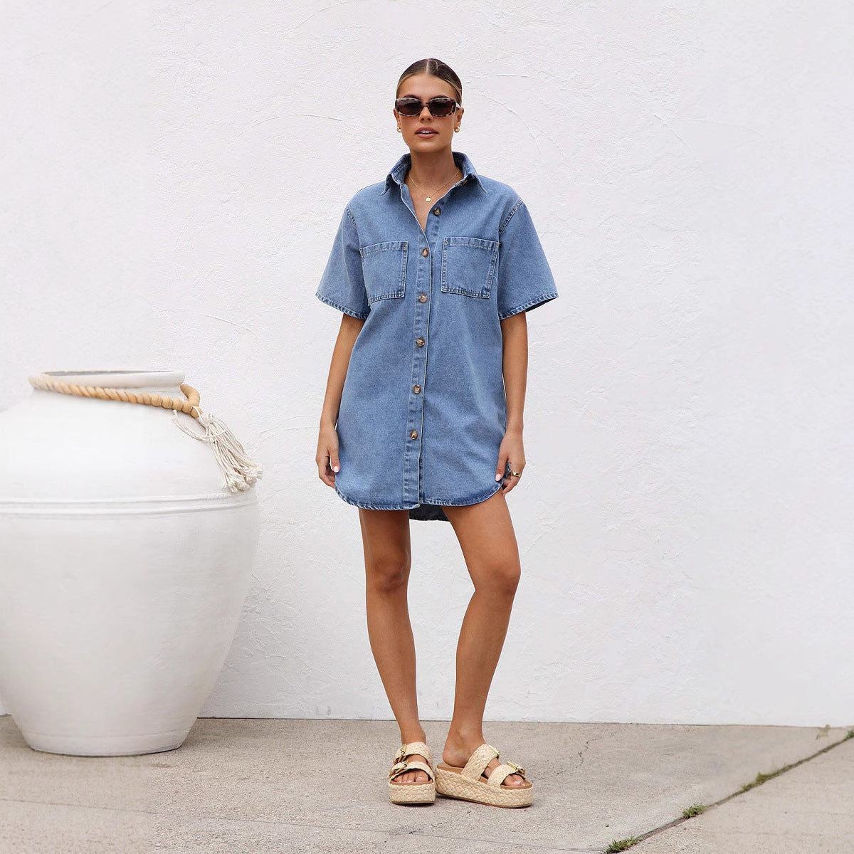 Women's Denim Short-sleeved Lapel Shirt Loose Dress Dresses